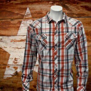BKE Buckle Red White Gray Plaid Men’s Western Distressed Long Sleeve Shirt XXL